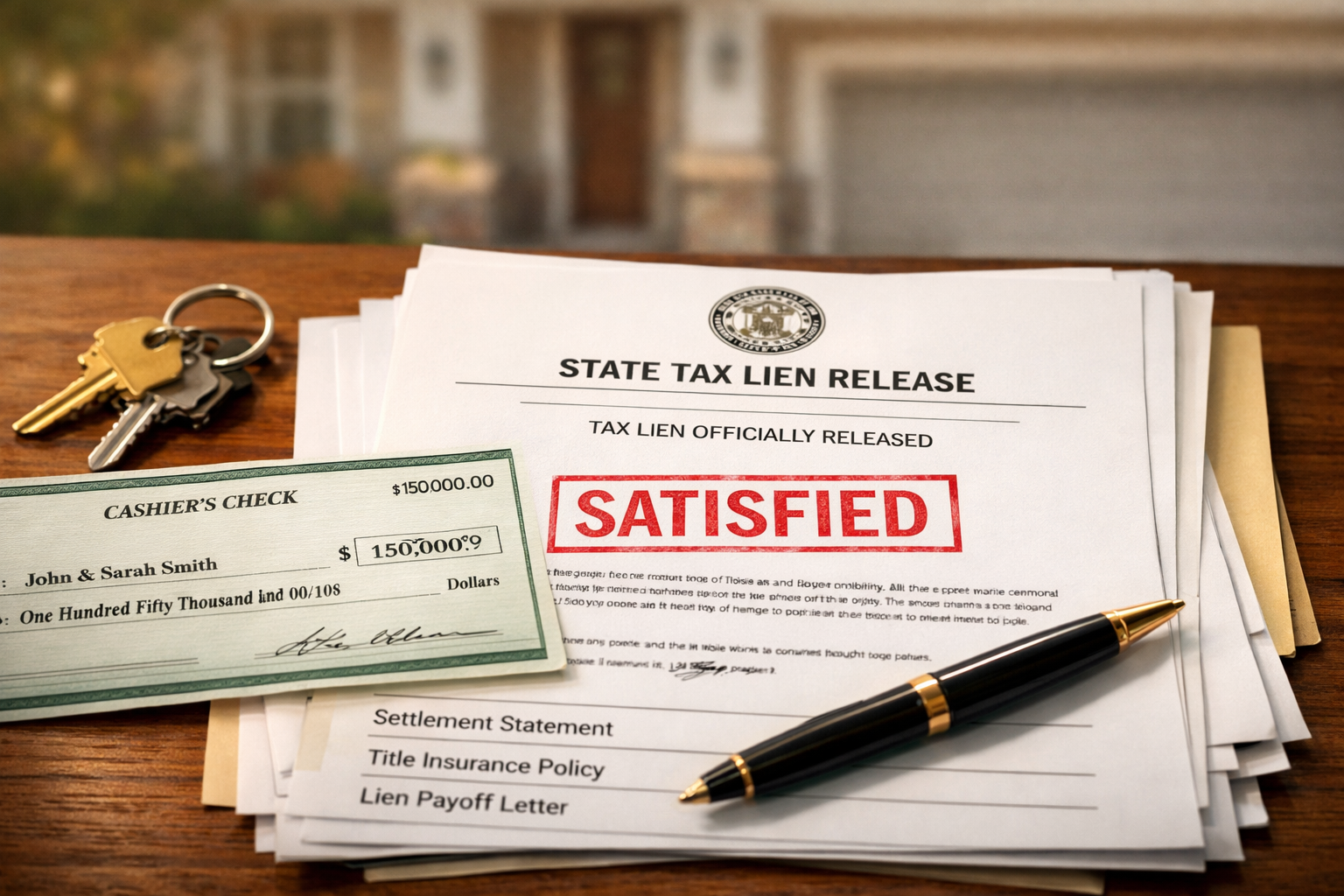 Landscape format (1536x1024) professional photograph-style image showing close-up of residential property deed, official state tax lien rele