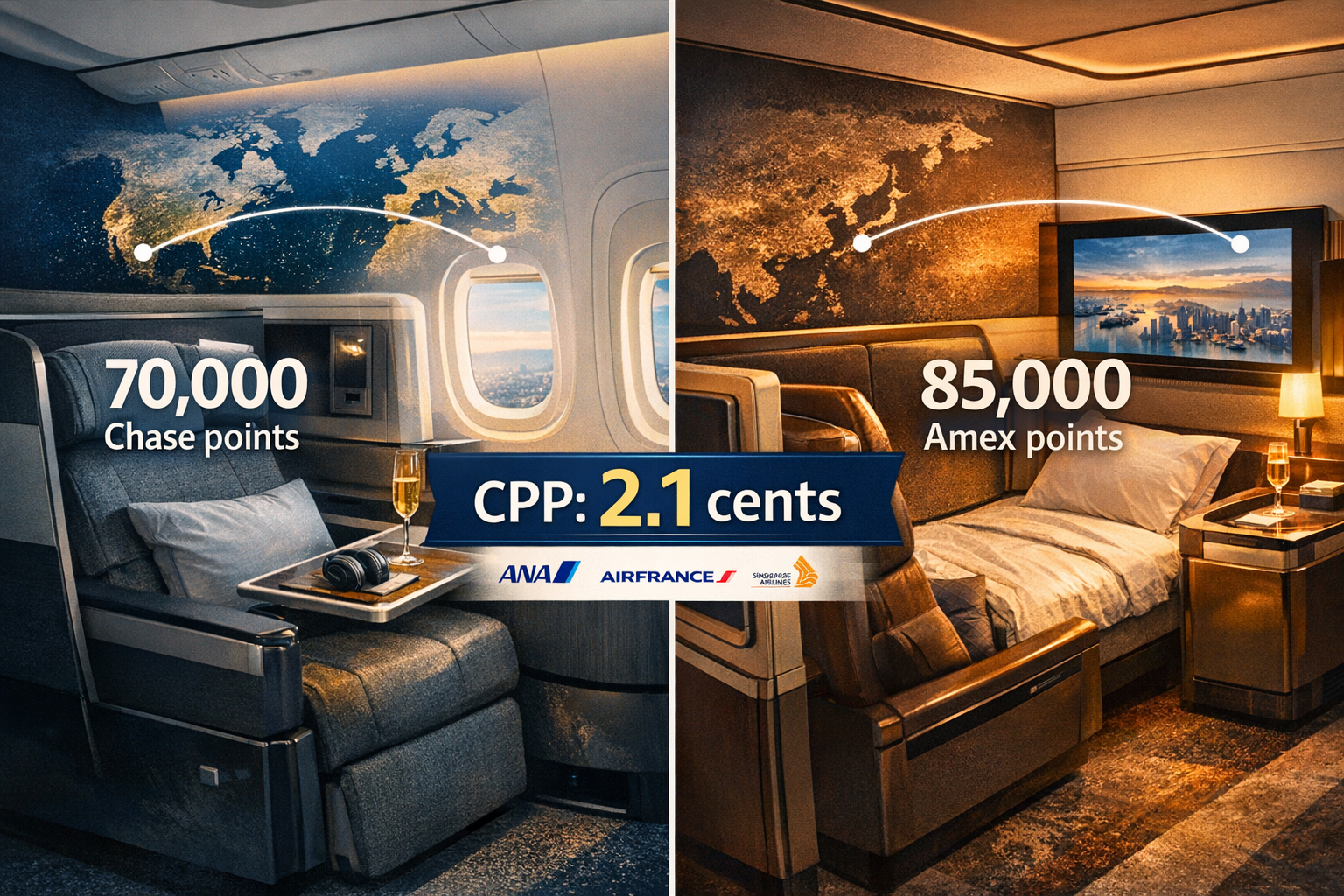 Landscape format (1536x1024) concept illustration demonstrating premium cabin redemption sweet spots across different programs. Split-screen