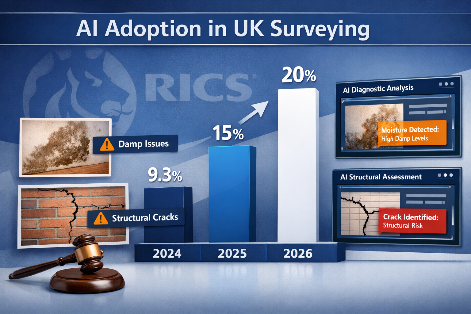 Detailed () infographic-style illustration showing a timeline of AI adoption in UK surveying: bar chart rising from 9.3% in