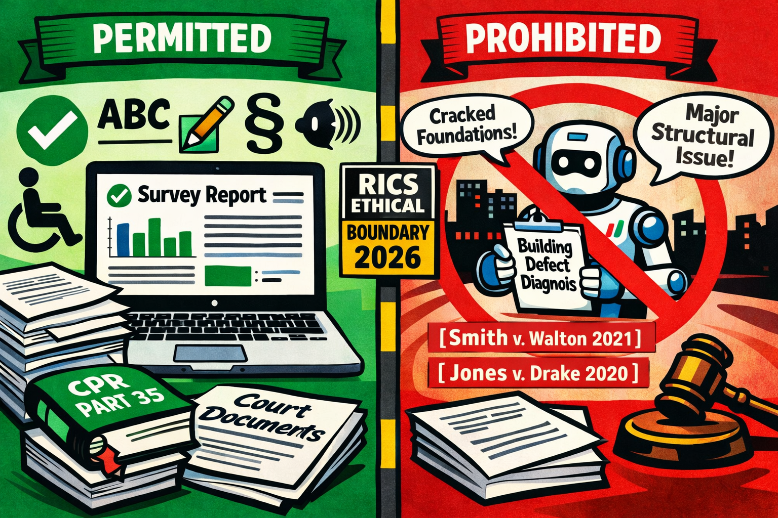 () split-panel conceptual illustration: left panel shows a green 'permitted' zone with AI formatting a surveying report on a