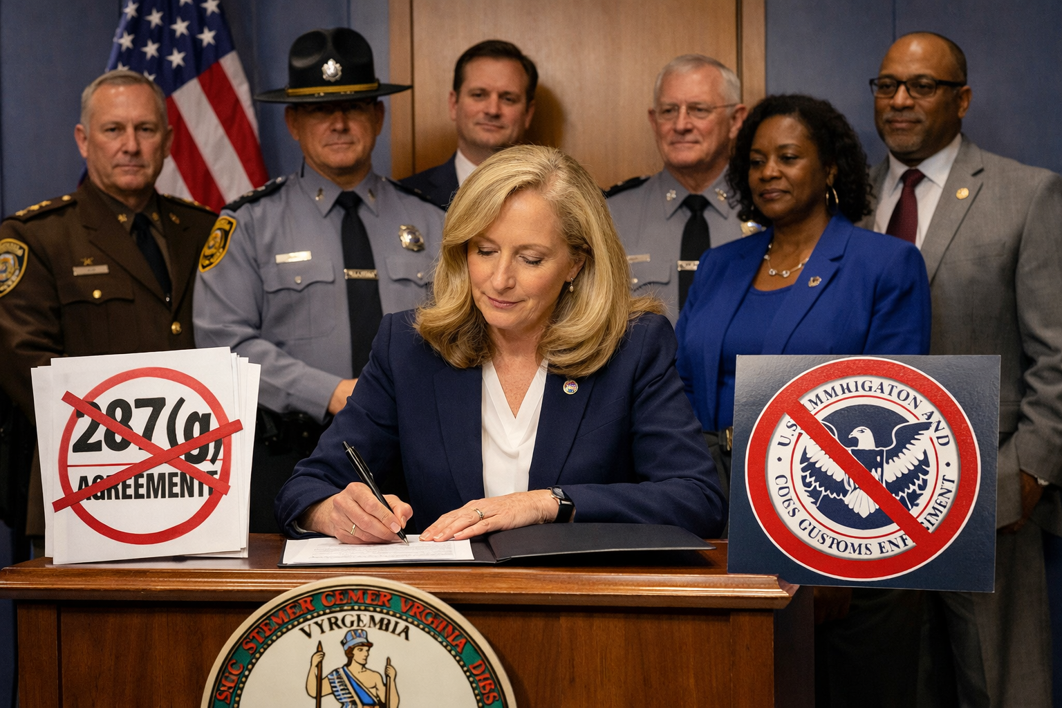 Landscape format (1536x1024) editorial image showing Virginia Governor Abigail Spanberger at official podium signing executive order documen