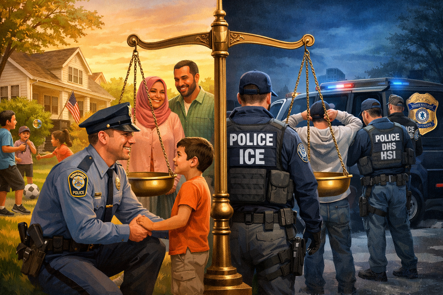 Landscape format (1536x1024) conceptual split-screen comparison image showing two contrasting scenes: left side depicts Virginia State Polic