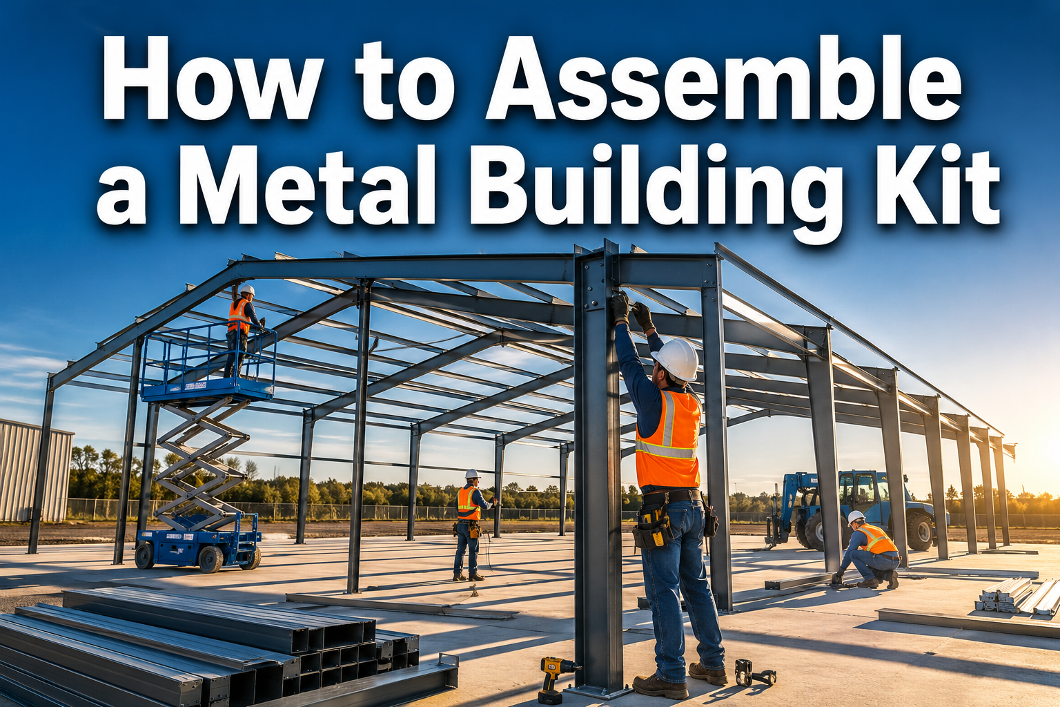 Professional () hero image with : 'How to Assemble a Metal Building Kit' in extra large white with dark drop , centered in