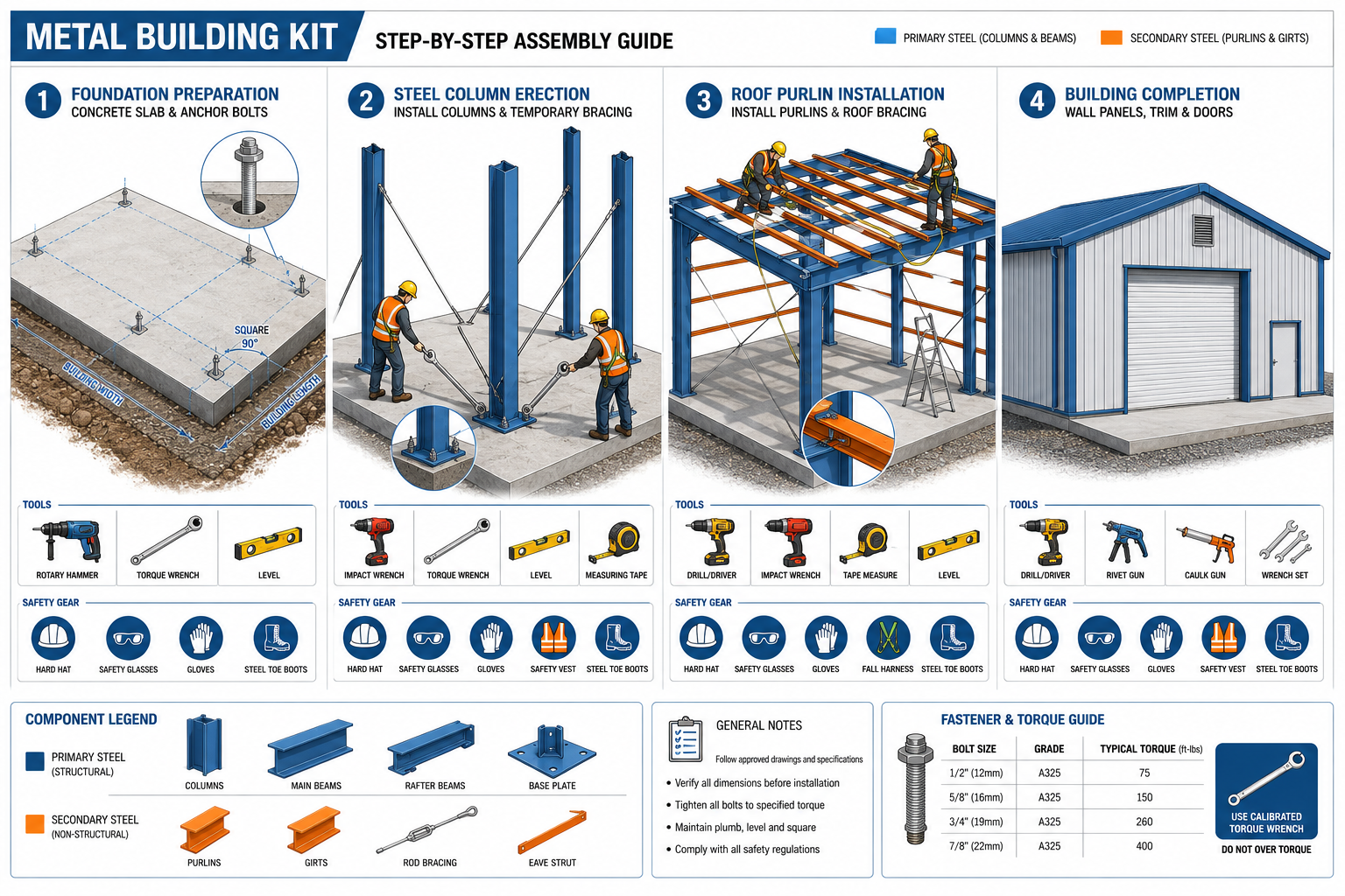 Detailed () step-by-step assembly infographic illustration showing a metal building kit being assembled in four sequential