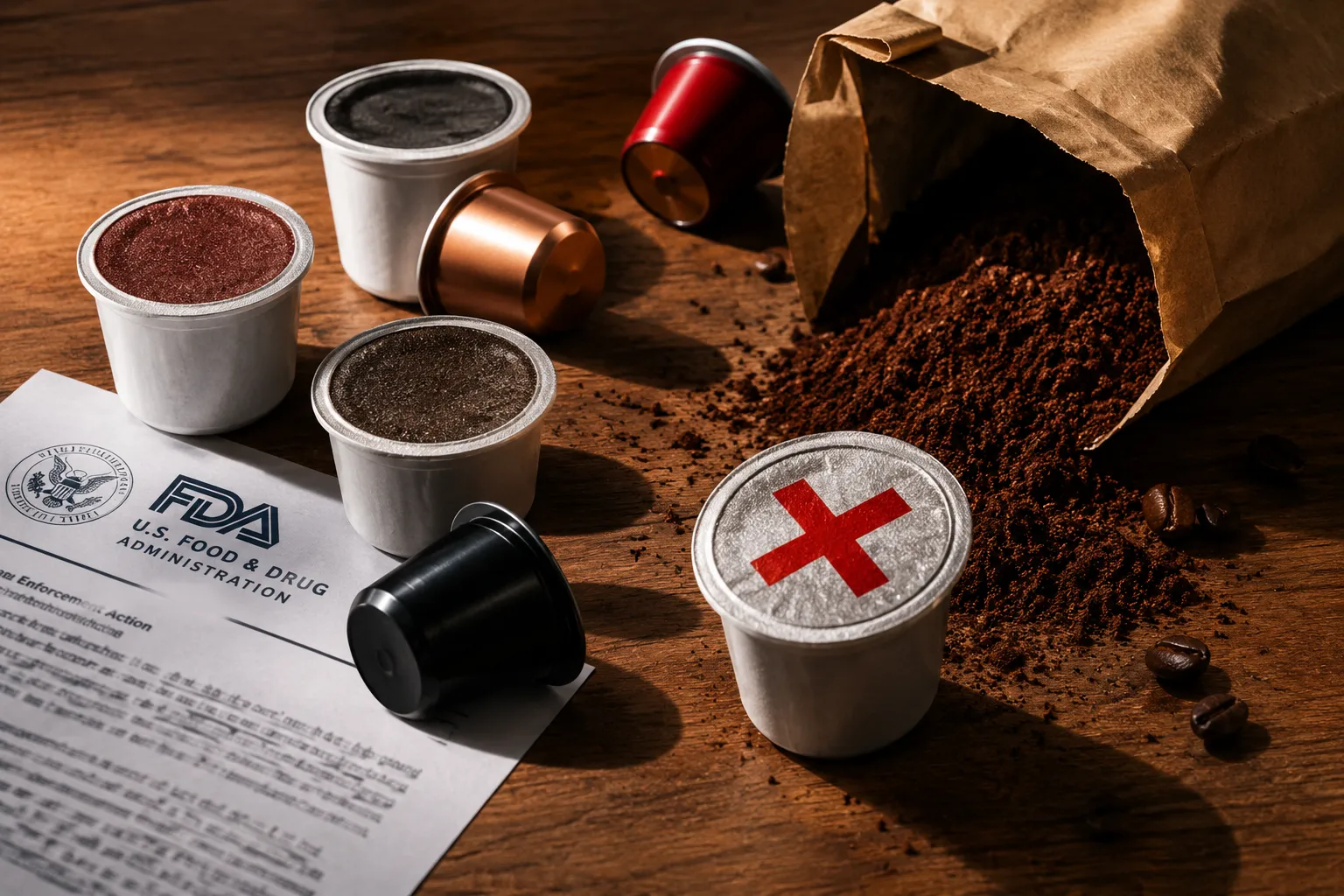 Editorial () studio flat-lay hero image: a wooden table surface with several coffee pods and K-Cup capsules scattered around