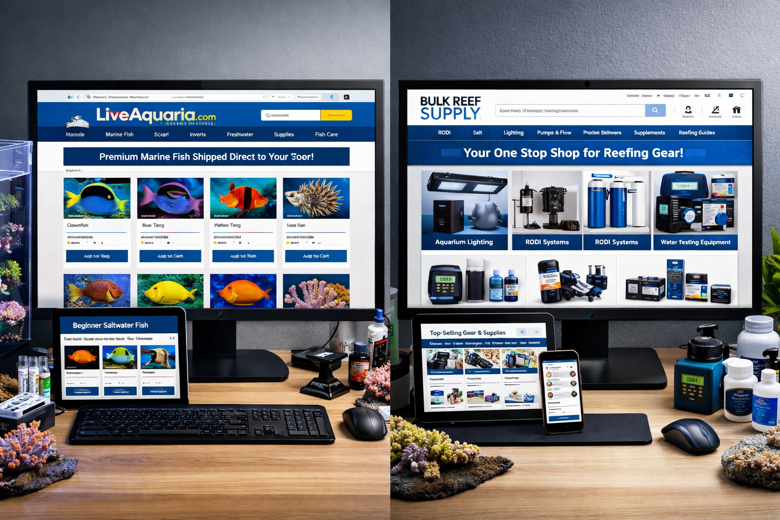 Detailed landscape format (1536x1024) image showing split-screen comparison of top saltwater fish websites on computer monitors and tablets.