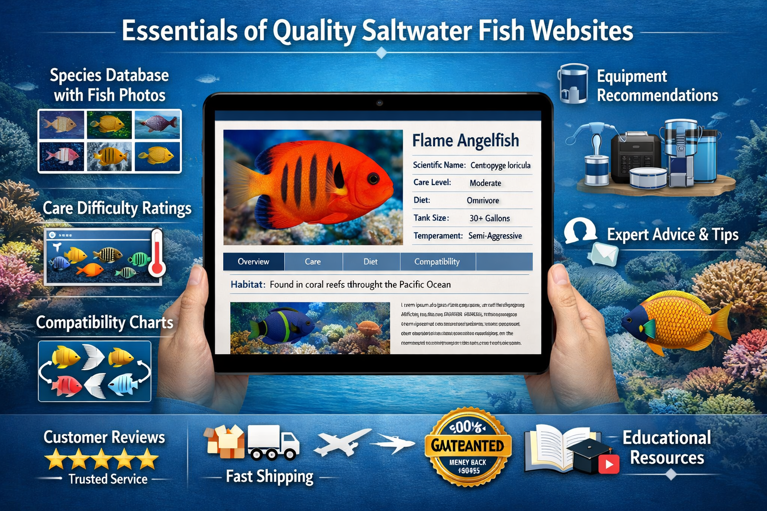 Comprehensive landscape format (1536x1024) infographic-style image displaying essential features of quality saltwater fish websites. Visual 