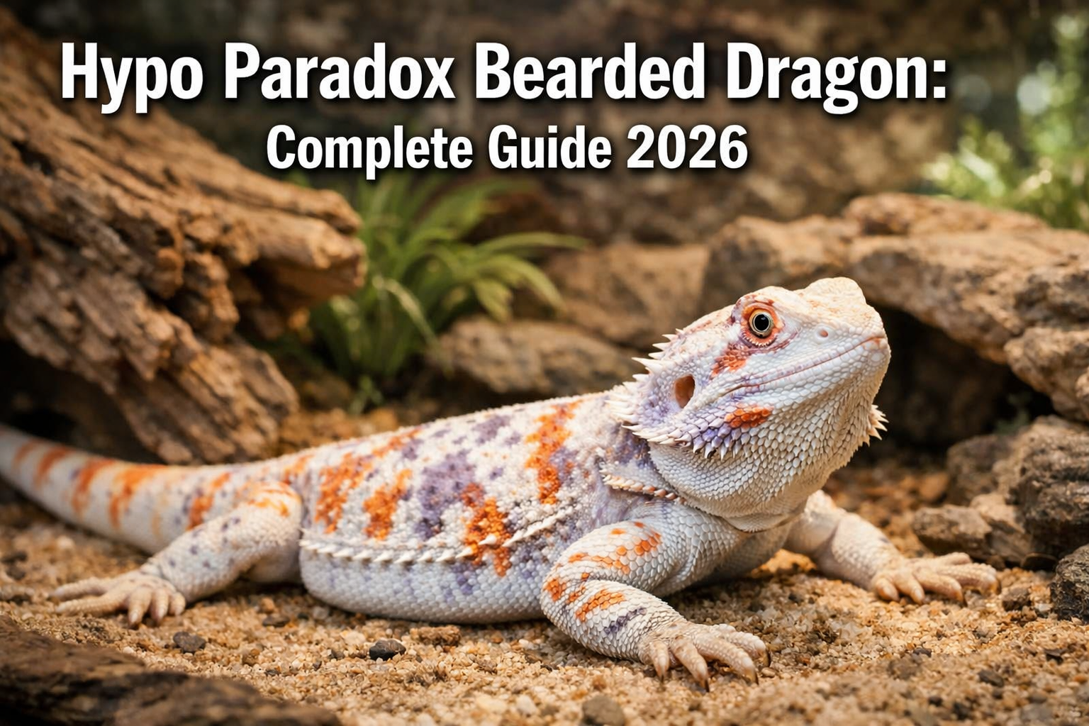 Professional landscape format (1536x1024) hero image featuring a stunning hypo paradox bearded dragon with reduced pigmentation and unique p