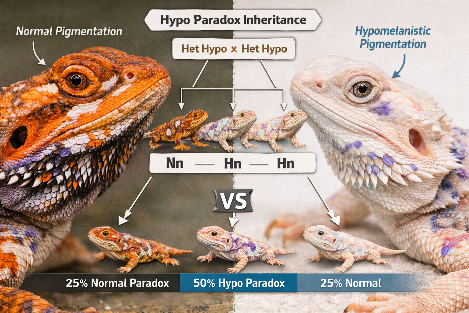 Detailed landscape format (1536x1024) image showing close-up comparison of hypo paradox bearded dragon genetics, split-screen view displayin