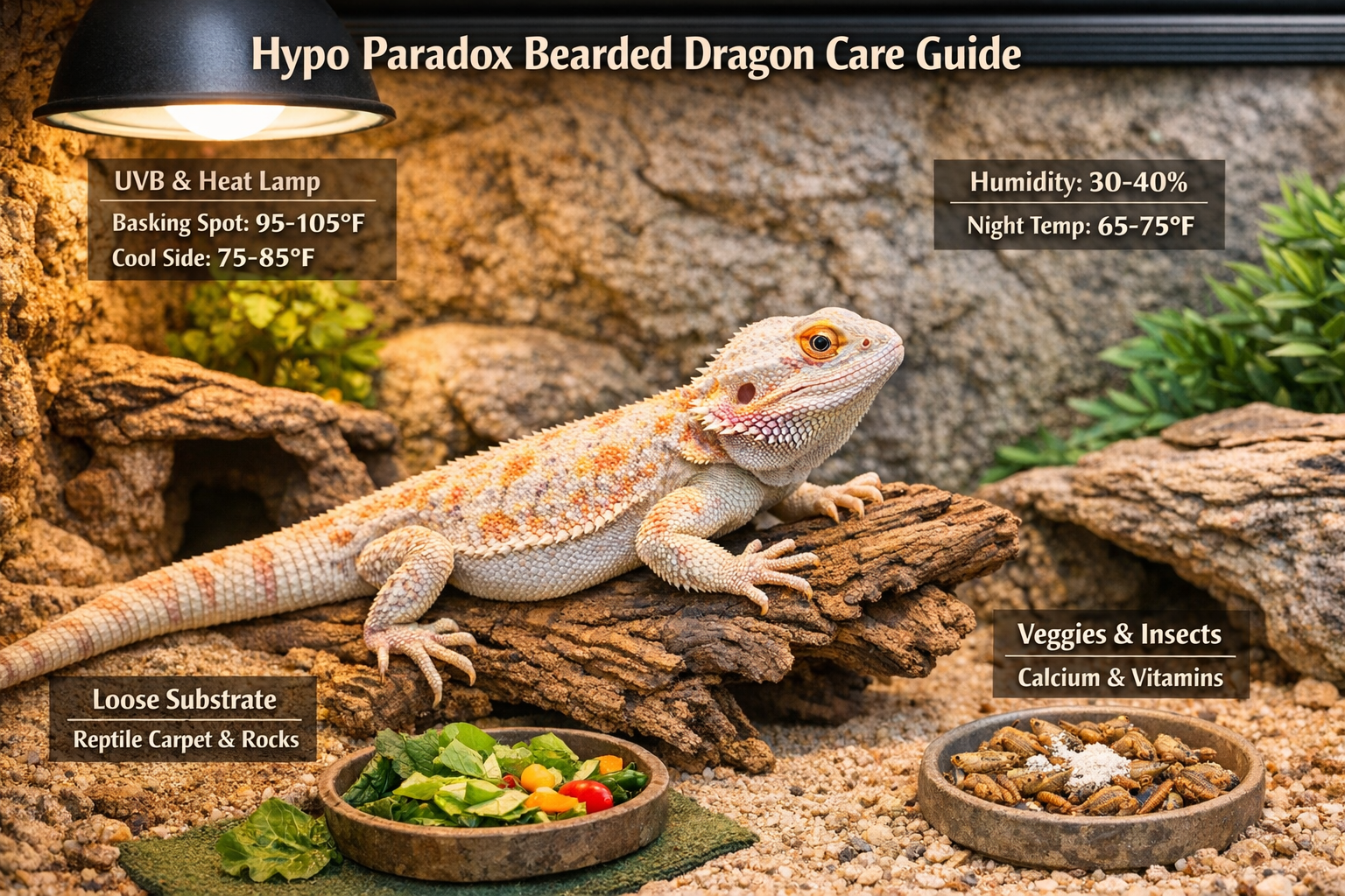 Professional landscape format (1536x1024) image of hypo paradox bearded dragon in optimal terrarium setup, showcasing proper UVB lighting, t