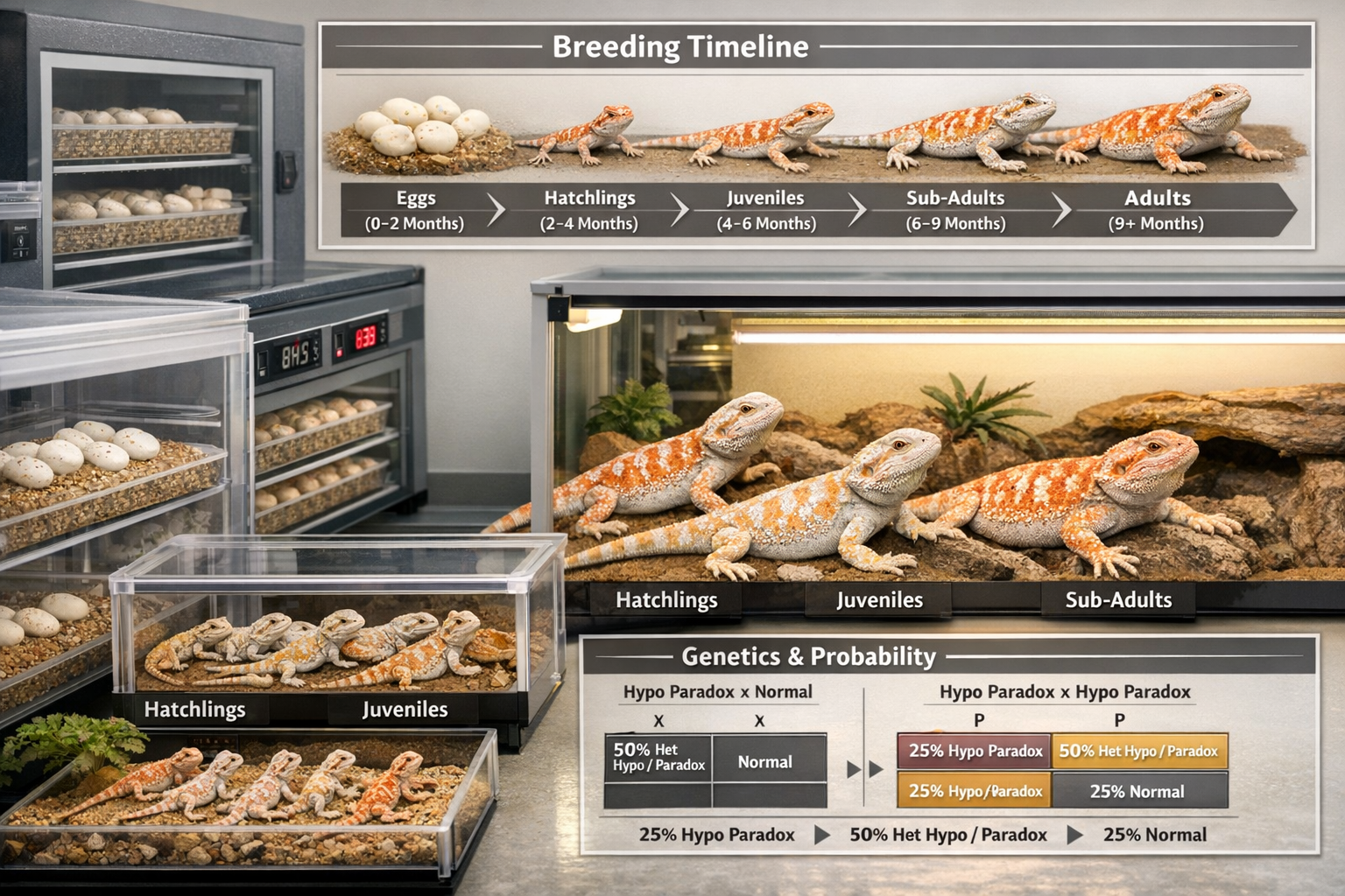 Detailed landscape format (1536x1024) breeding facility image showing multiple hypo paradox bearded dragons at different life stages from ha