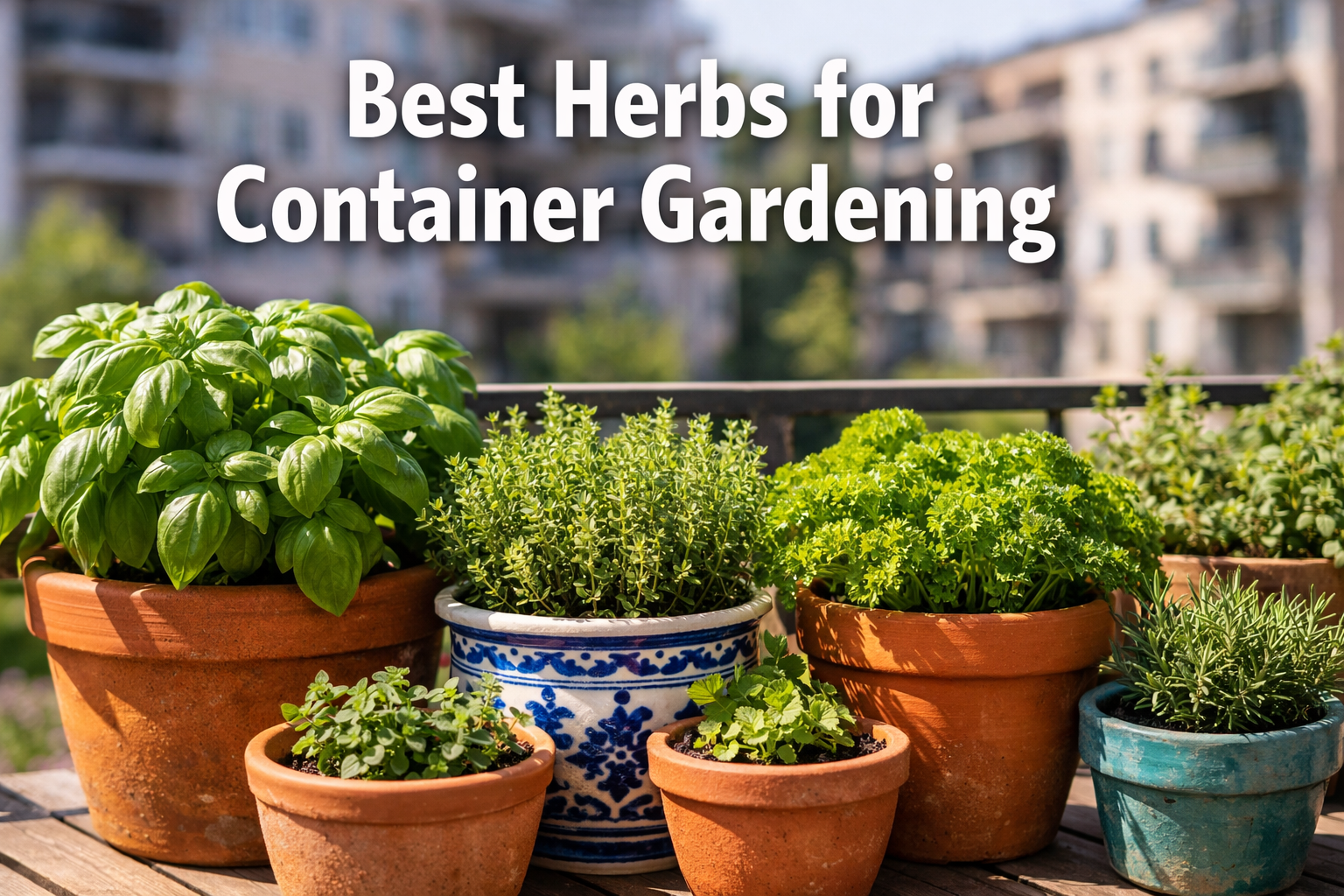 All images must be as if shot with an SLR camera Professional () hero image featuring 'Best Herbs for Container Gardening'