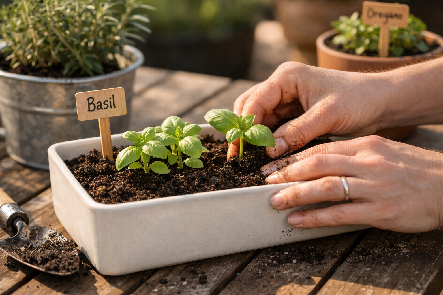 All images must be as if shot with an SLR camera () detailed close-up image showing hands planting fresh basil seedlings in