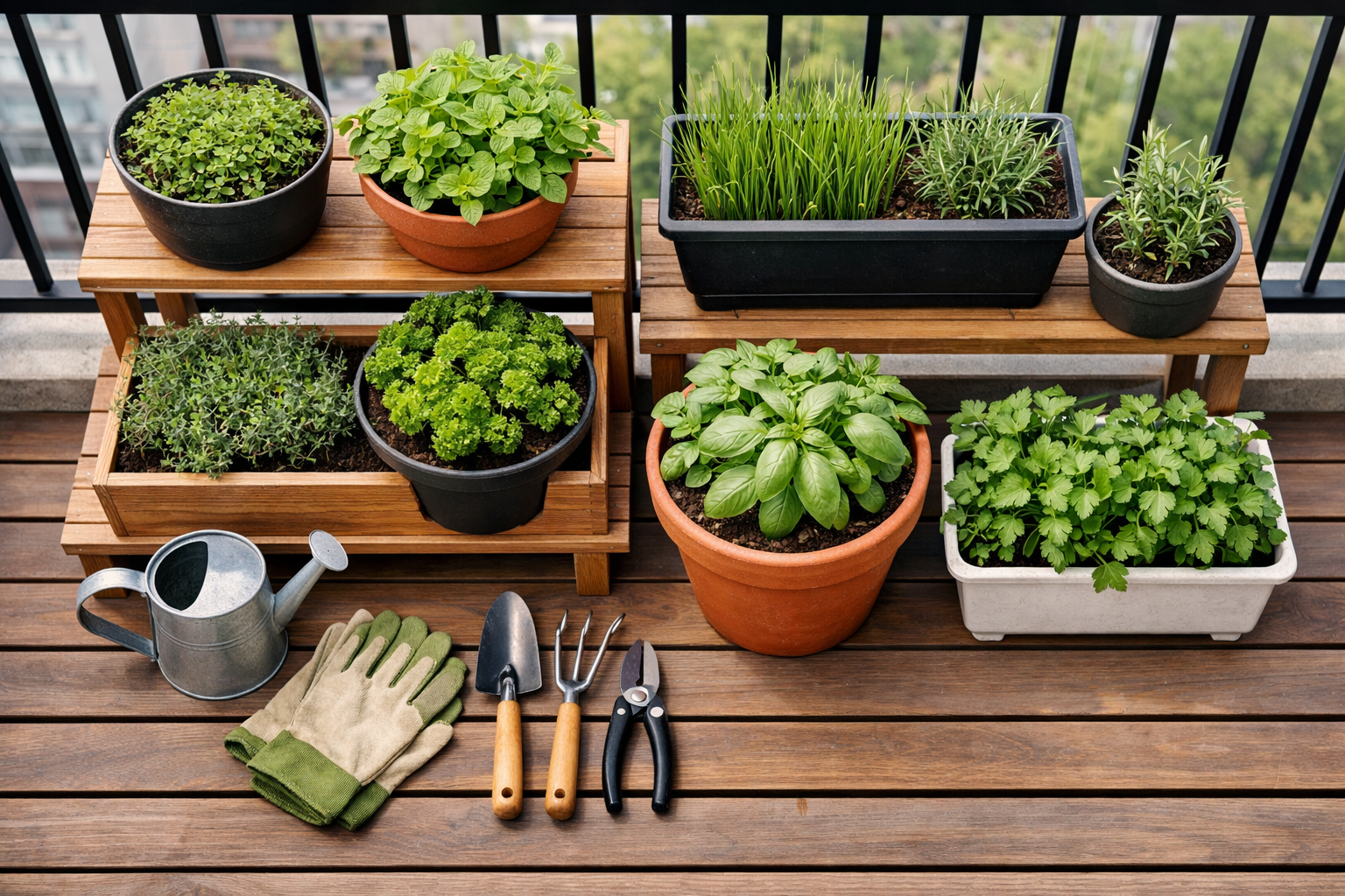 All images must be as if shot with an SLR camera () overhead flat lay composition showing organized container herb garden