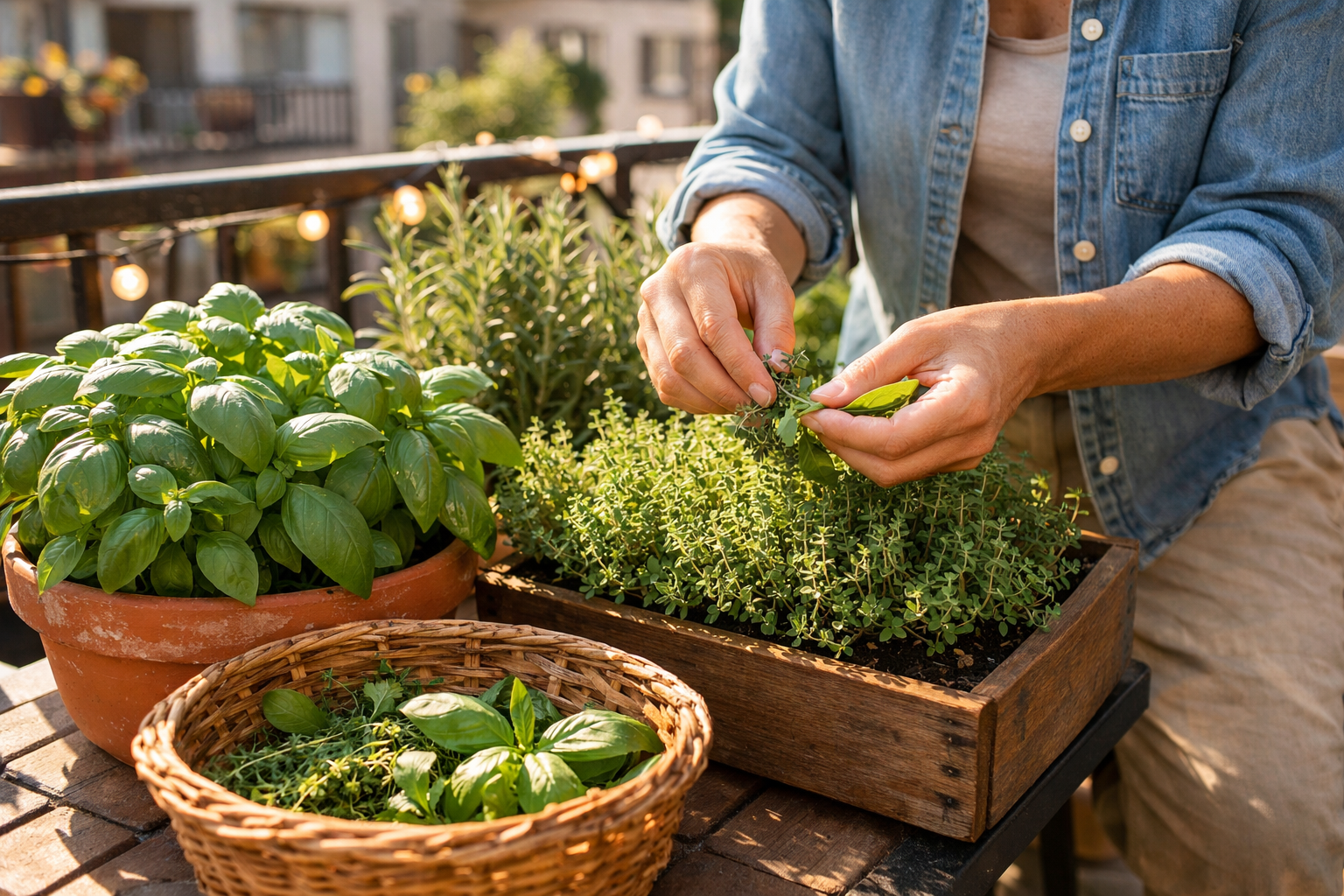 All images must be as if shot with an SLR camera () lifestyle image of a person harvesting fresh herbs from container garden