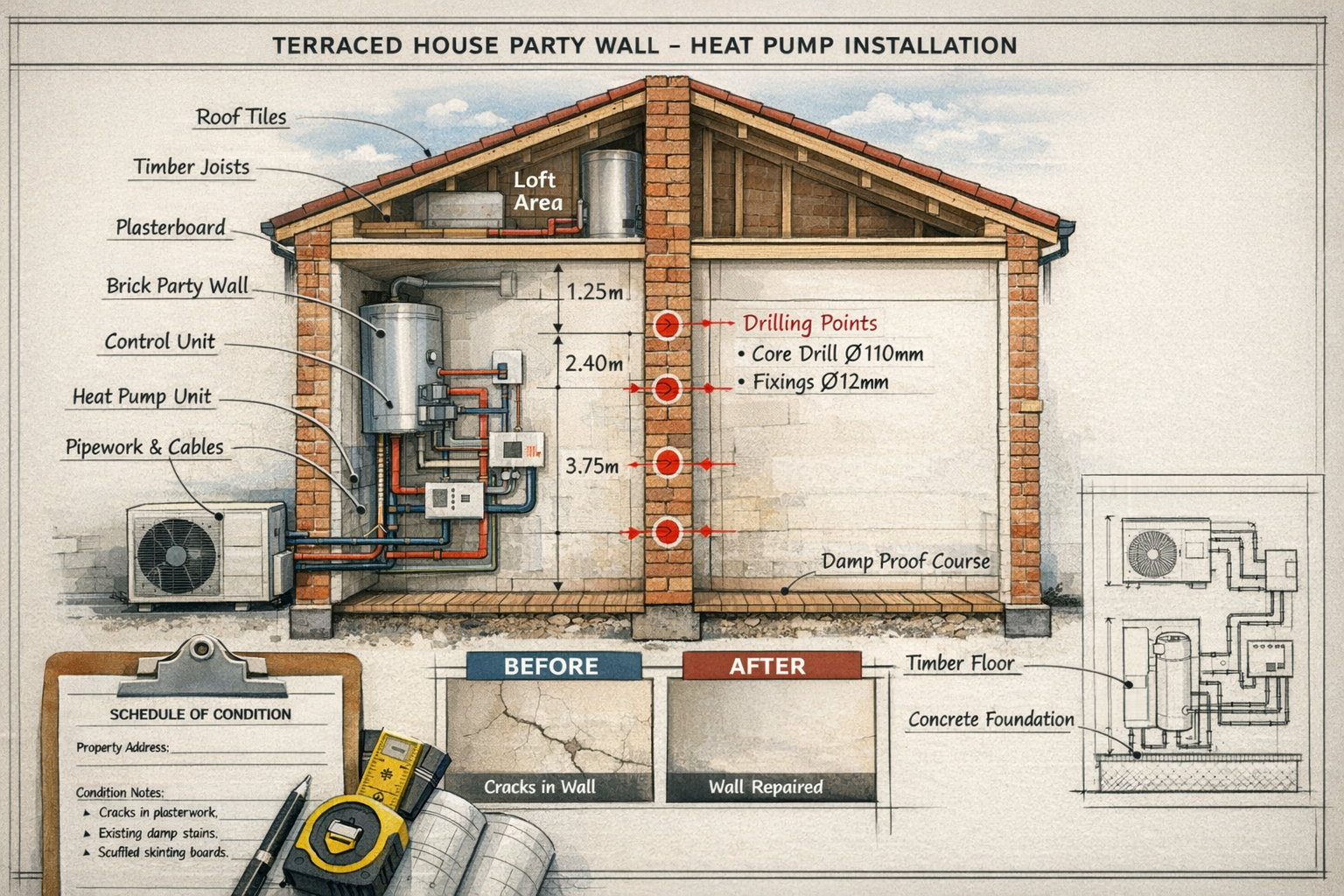 Landscape format (1536x1024) detailed illustration showing cross-section view of UK terraced house party wall with heat pump installation co