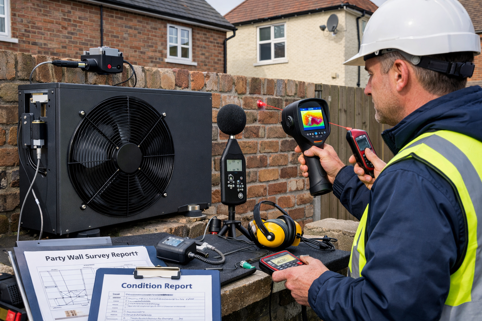 Landscape format (1536x1024) detailed scene showing professional party wall surveyor conducting inspection of heat pump installation on shar