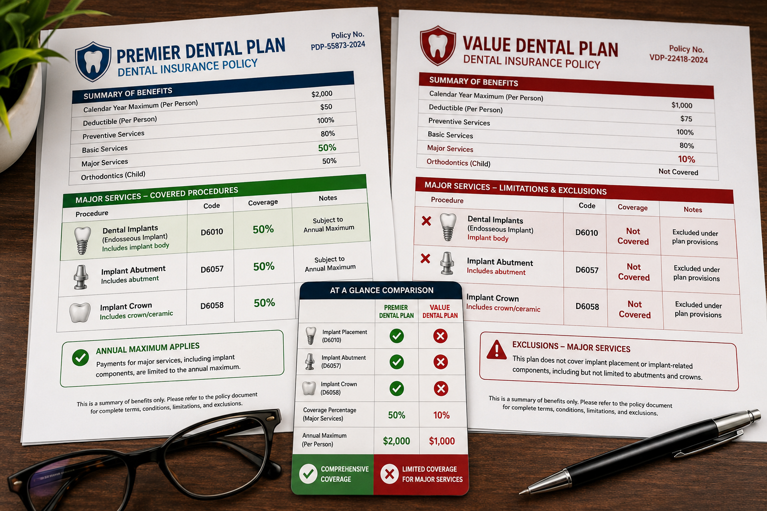 A split-screen landscape image () comparing two hypothetical dental insurance policy documents side-by-side. On one side,