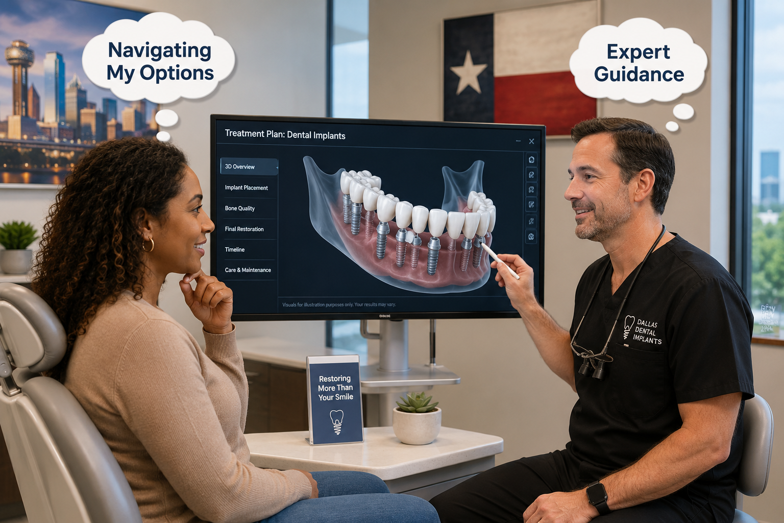 A compassionate Dallas dentist in a clean, reviewing a digital treatment plan for dental implants on a large screen. The
