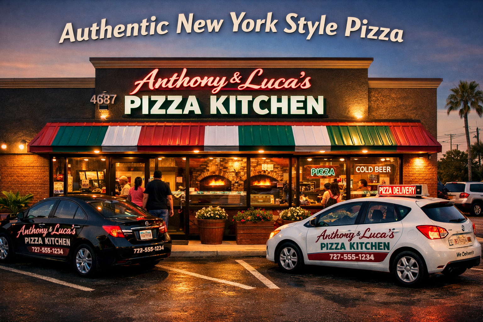 Landscape format (1536x1024) image showing Anthony & Luca's Pizza Kitchen exterior at 4687 Park Blvd in Pinellas Park with prominent signage