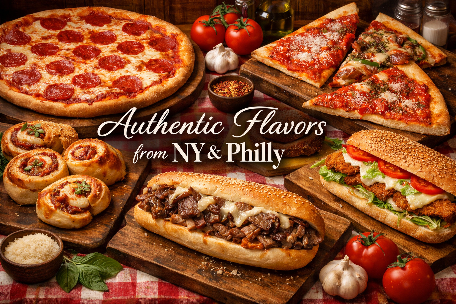 Detailed landscape format (1536x1024) image displaying variety of Anthony & Luca's signature pizzas including New York style thin crust, Jer