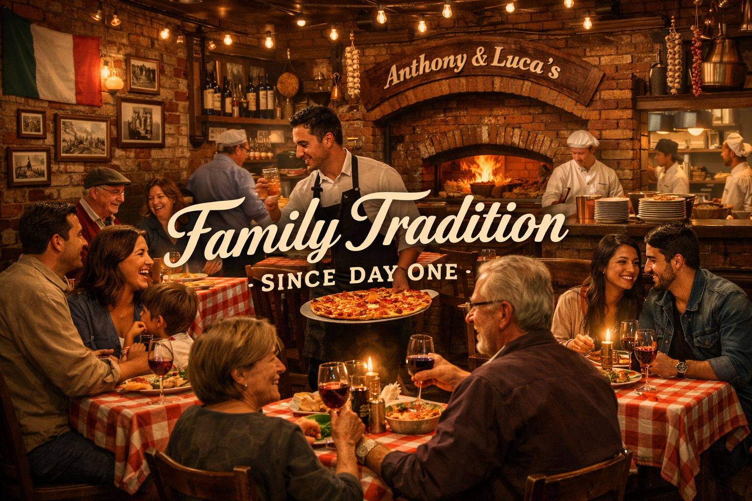 Landscape format (1536x1024) image featuring Anthony & Luca's dining room interior with families and couples enjoying meals, authentic Itali