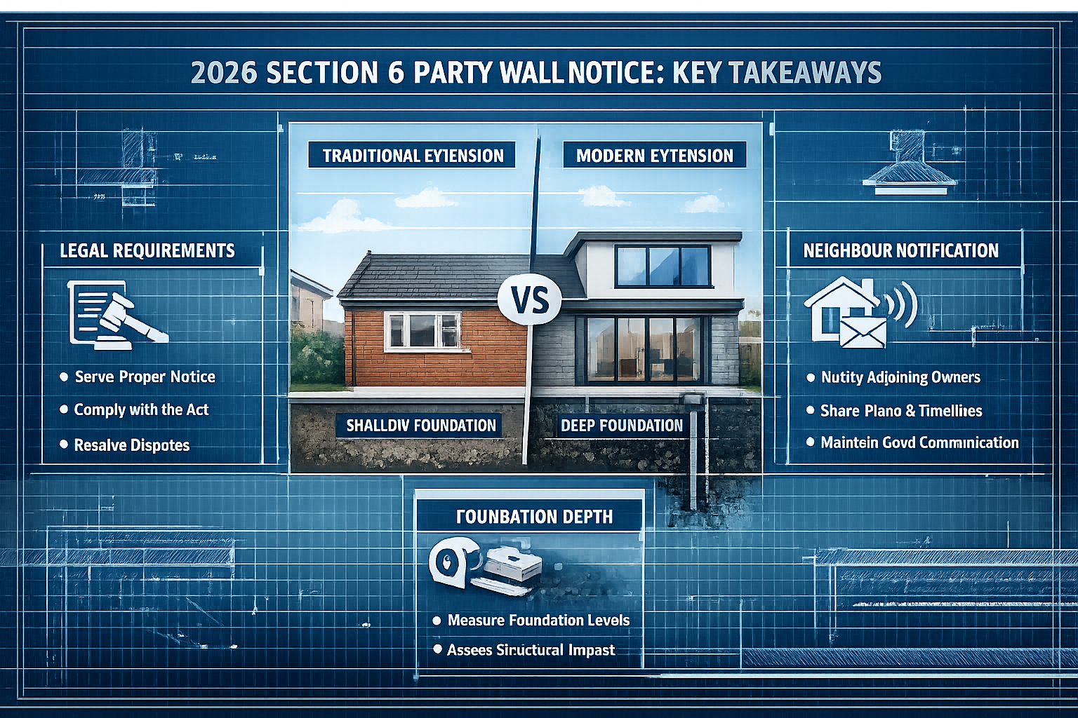 Infographic-style visual summarizing 2026 Section 6 Party Wall Notice key takeaways, featuring architectural blueprint with