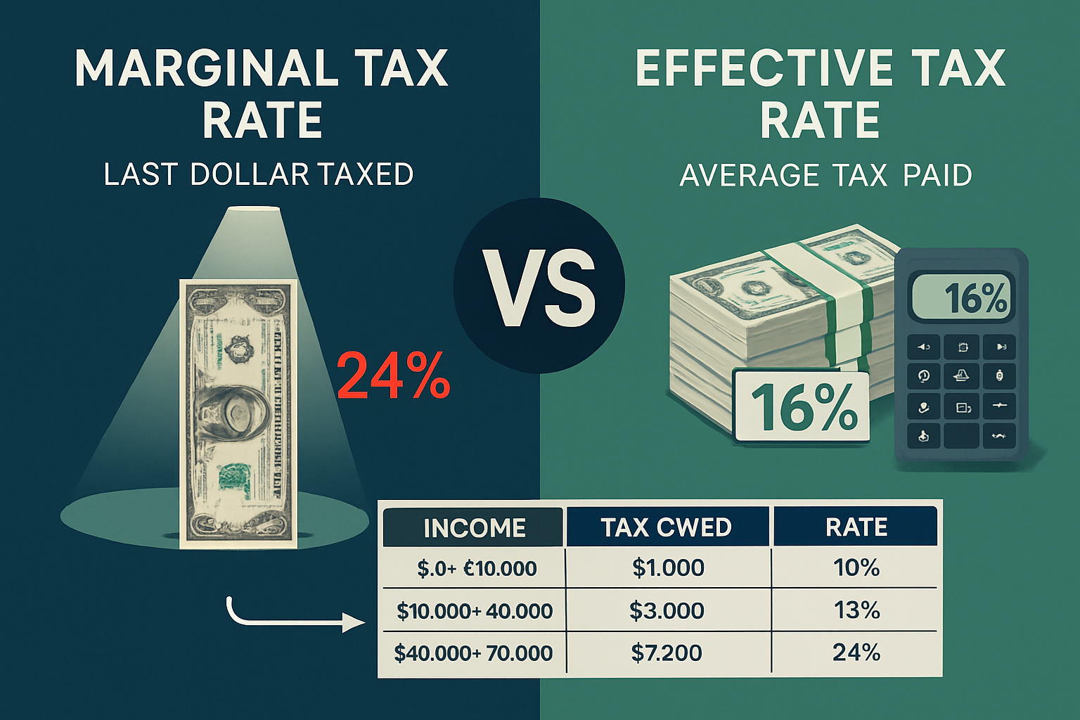 Comprehensive comparison chart (1536x1024) displaying marginal versus effective tax rate concept with split-screen design. Left side shows s