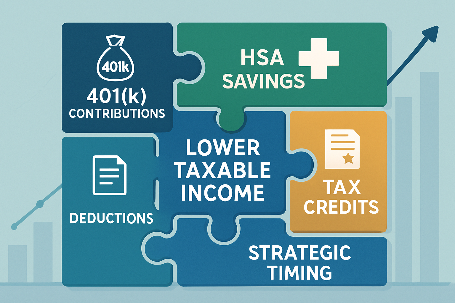 Strategic planning illustration (1536x1024) showing legal tax reduction methods as interconnected puzzle pieces or building blocks. Central 