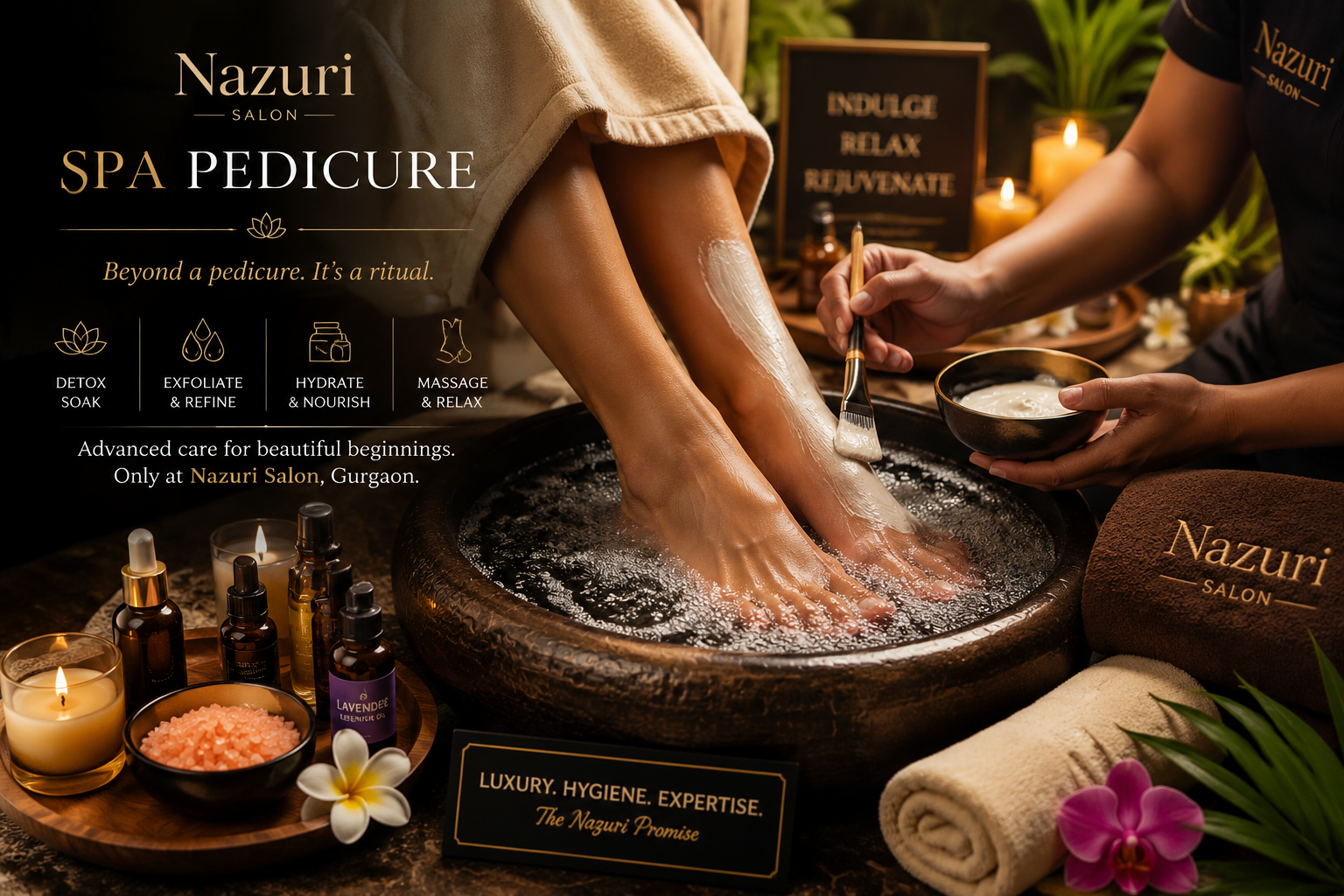 Detailed () image contrasting with the classic pedicure, showcasing a luxurious Spa Pedicure experience at Nazuri Salon.
