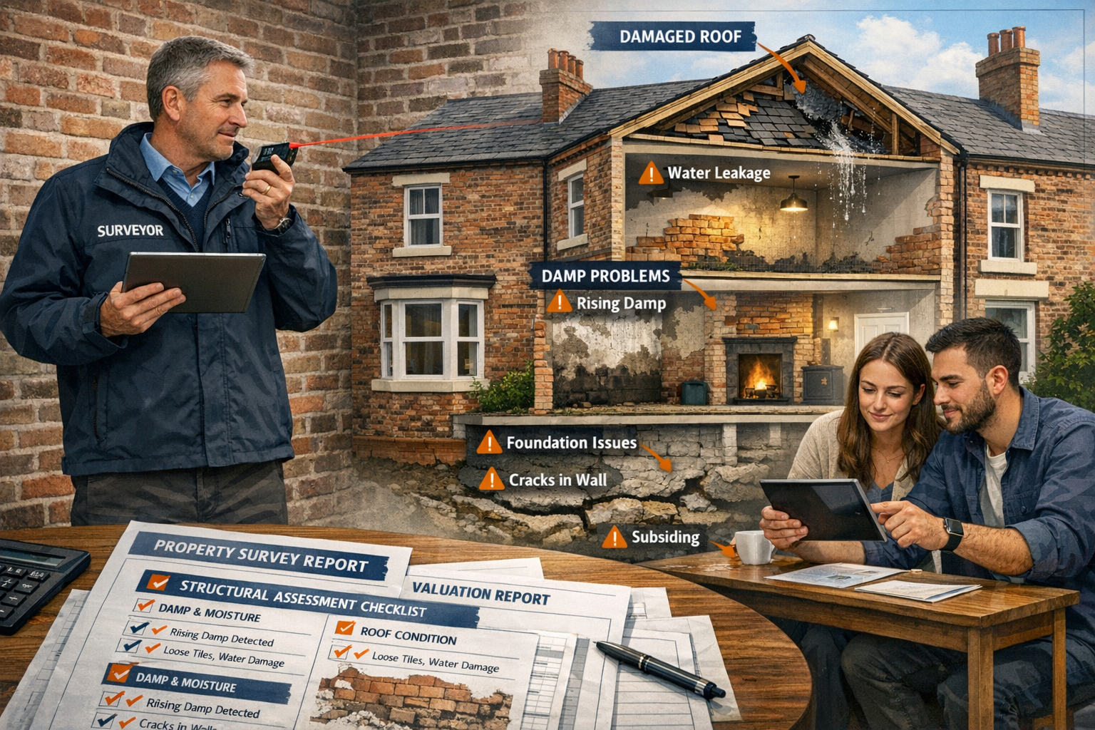 Detailed landscape format (1536x1024) image depicting professional chartered surveyor conducting homebuyer survey in modern northern UK prop