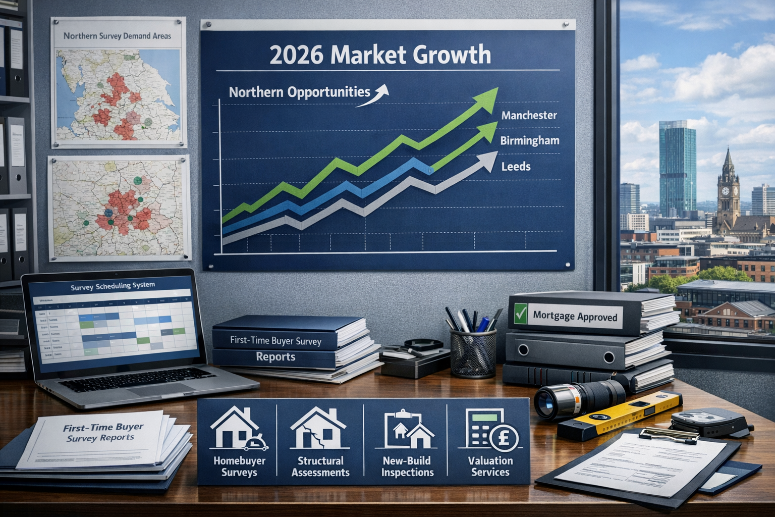 Detailed landscape format (1536x1024) image showing business opportunity visualization for surveying practices in northern regions. Central 