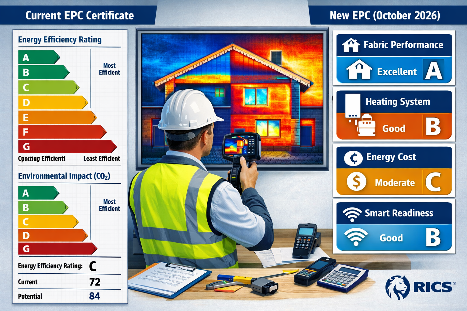 Detailed landscape format (1536x1024) image showing split-screen comparison of traditional single-metric EPC certificate on left versus new 
