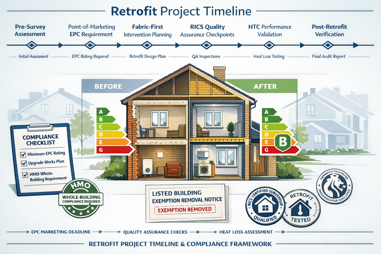Detailed landscape format (1536x1024) infographic-style image showing retrofit project timeline and compliance framework: horizontal timelin