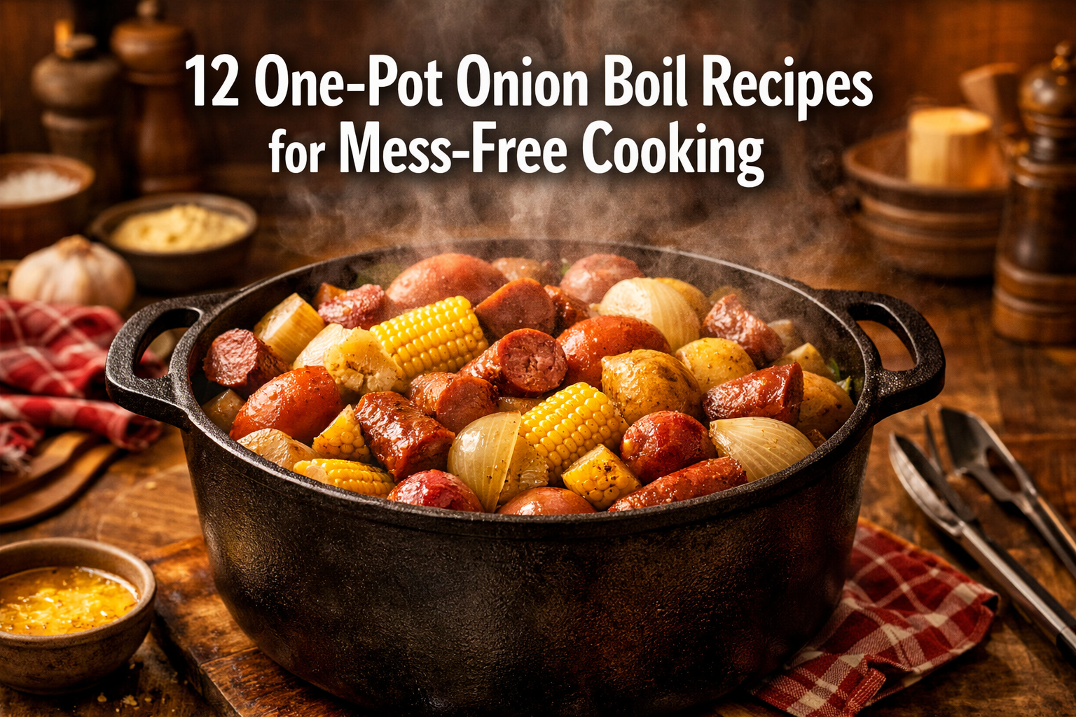 Professional landscape hero image (1536x1024) featuring bold text overlay '12 One-Pot Onion Boil Recipes for Mess-Free Cooking' in extra lar