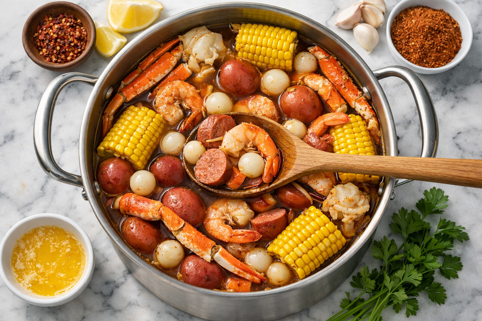 Overhead view of large pot containing classic seafood and onion boil with corn on the cob, red potatoes, andouille sausage, and pearl onions