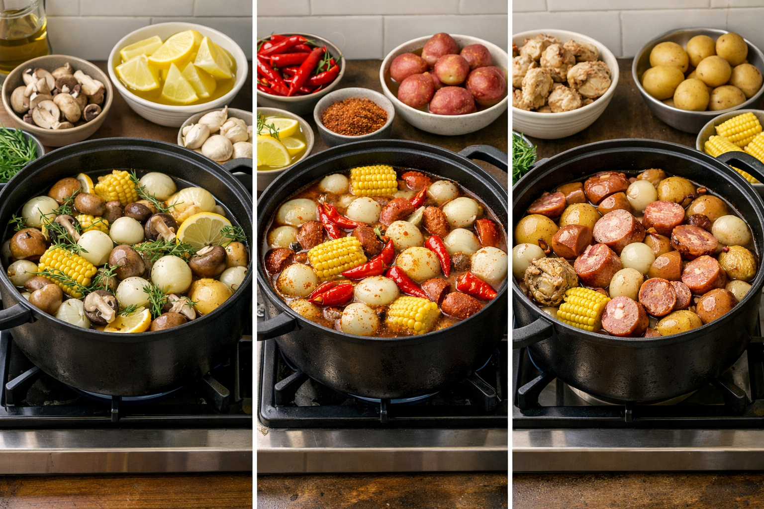 Split composition showing three different one-pot onion boil variations side by side: vegetarian version with mushrooms and herbs, spicy caj