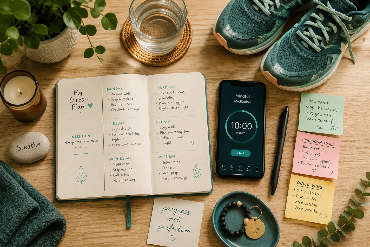 () concept photo showing a top-down flat lay of a personalized stress management toolkit arranged on a light wooden surface: