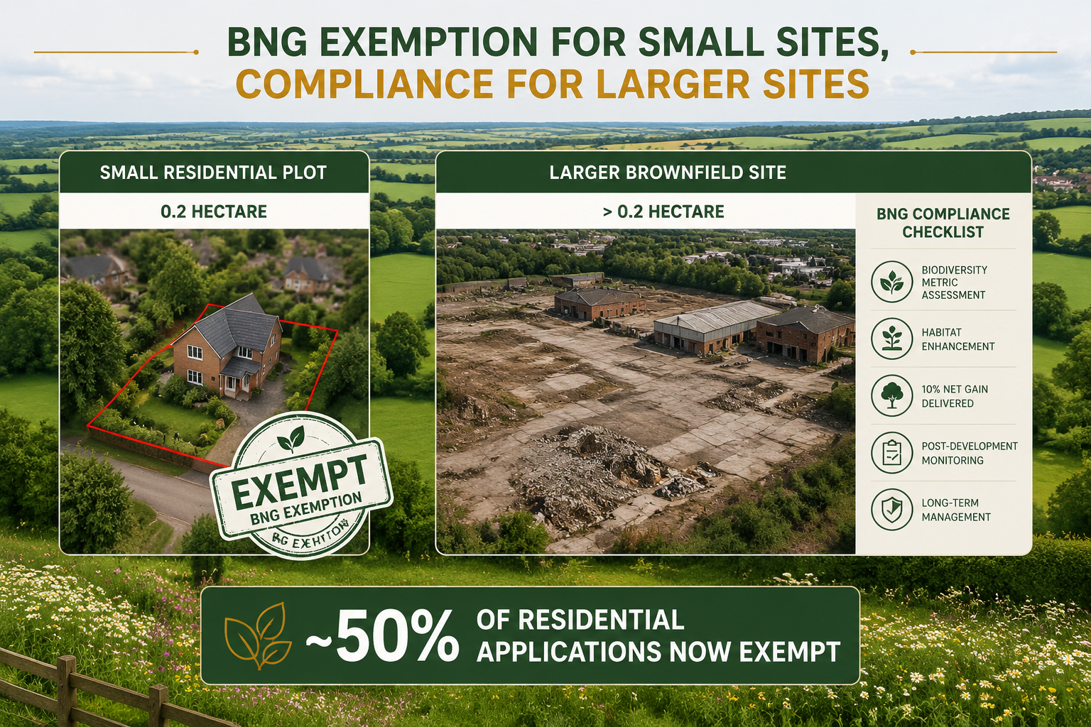 Detailed () infographic-style illustration showing a side-by-side comparison of two development sites: a small 0.2 hectare