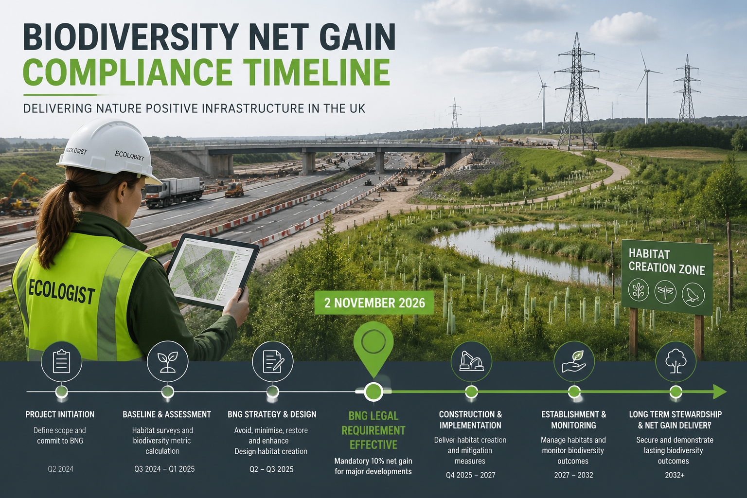 Detailed () conceptual illustration showing a large-scale UK infrastructure project — a major road or energy installation —