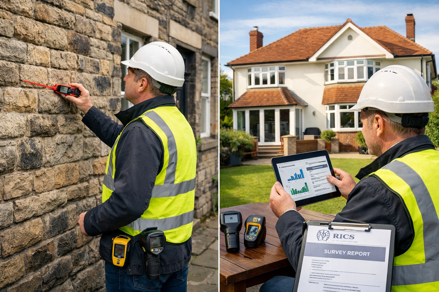 Detailed () professional photograph of chartered surveyor conducting property inspection, split-screen composition showing