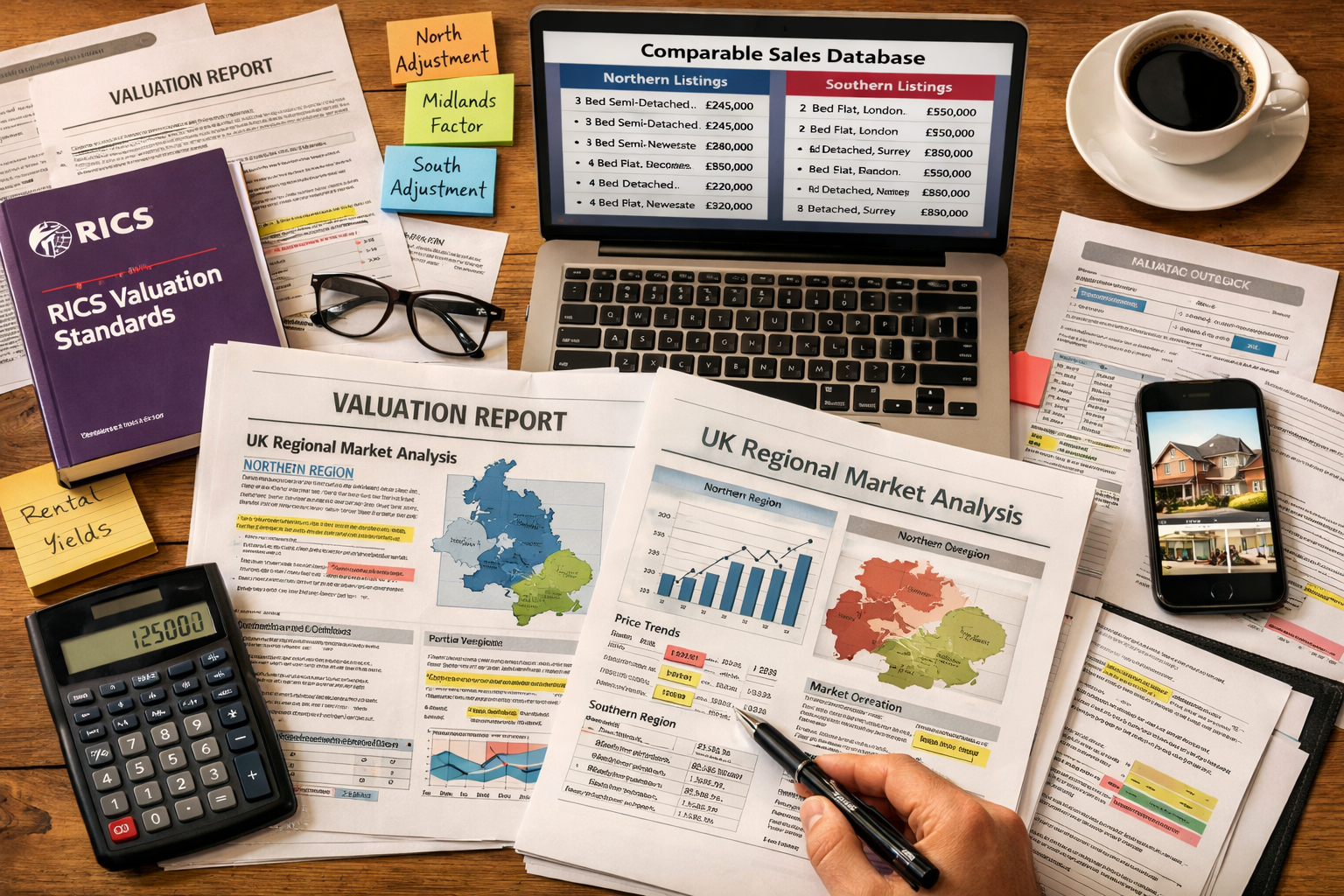 Detailed () conceptual illustration showing surveyor's desk workspace from above (flat lay perspective), displaying multiple