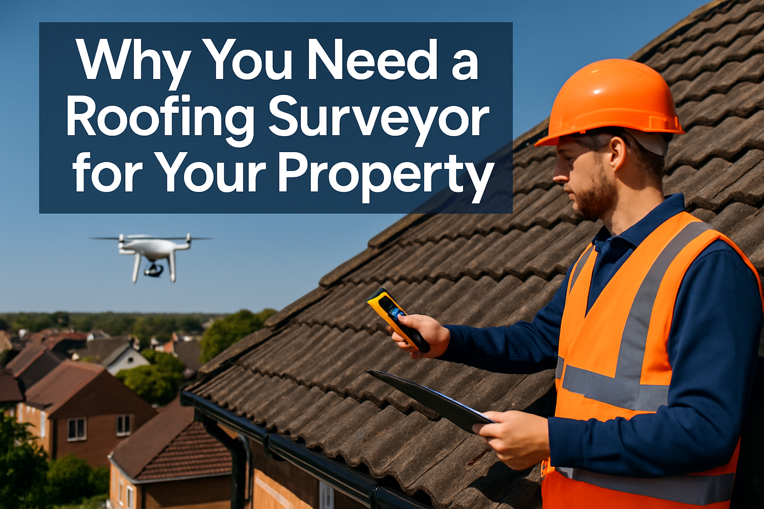 Professional landscape hero image (1536x1024) featuring bold text overlay 'Why You Need a Roofing Surveyor for Your Property' in extra large