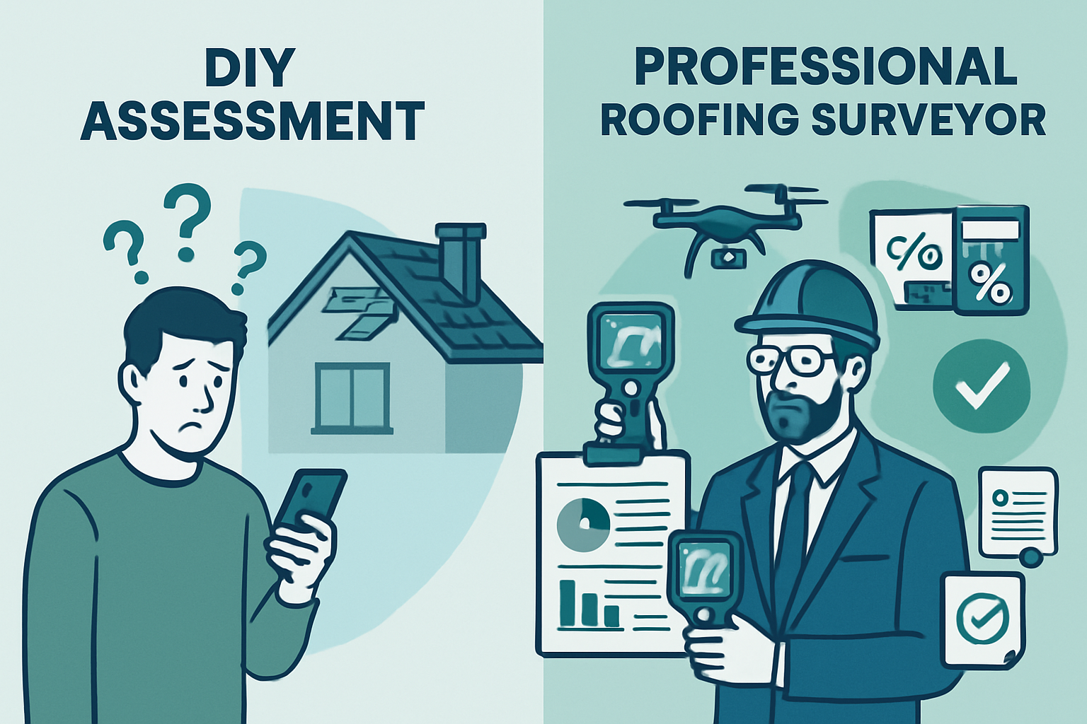 Professional infographic-style image (1536x1024) displaying split-screen comparison of DIY roof assessment versus professional roofing surve