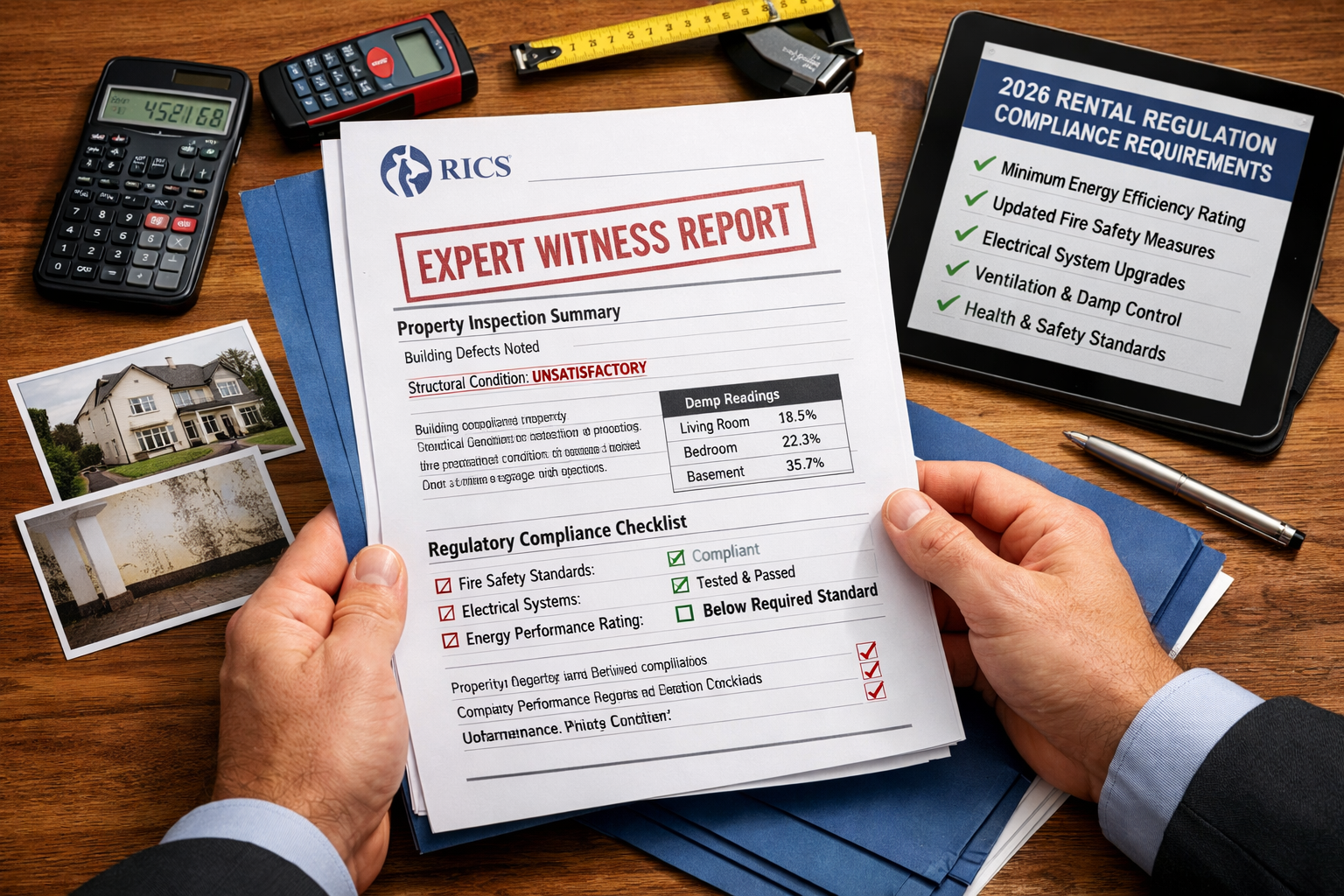 () image showing close-up of RICS chartered surveyor's hands holding professional expert witness report with visible