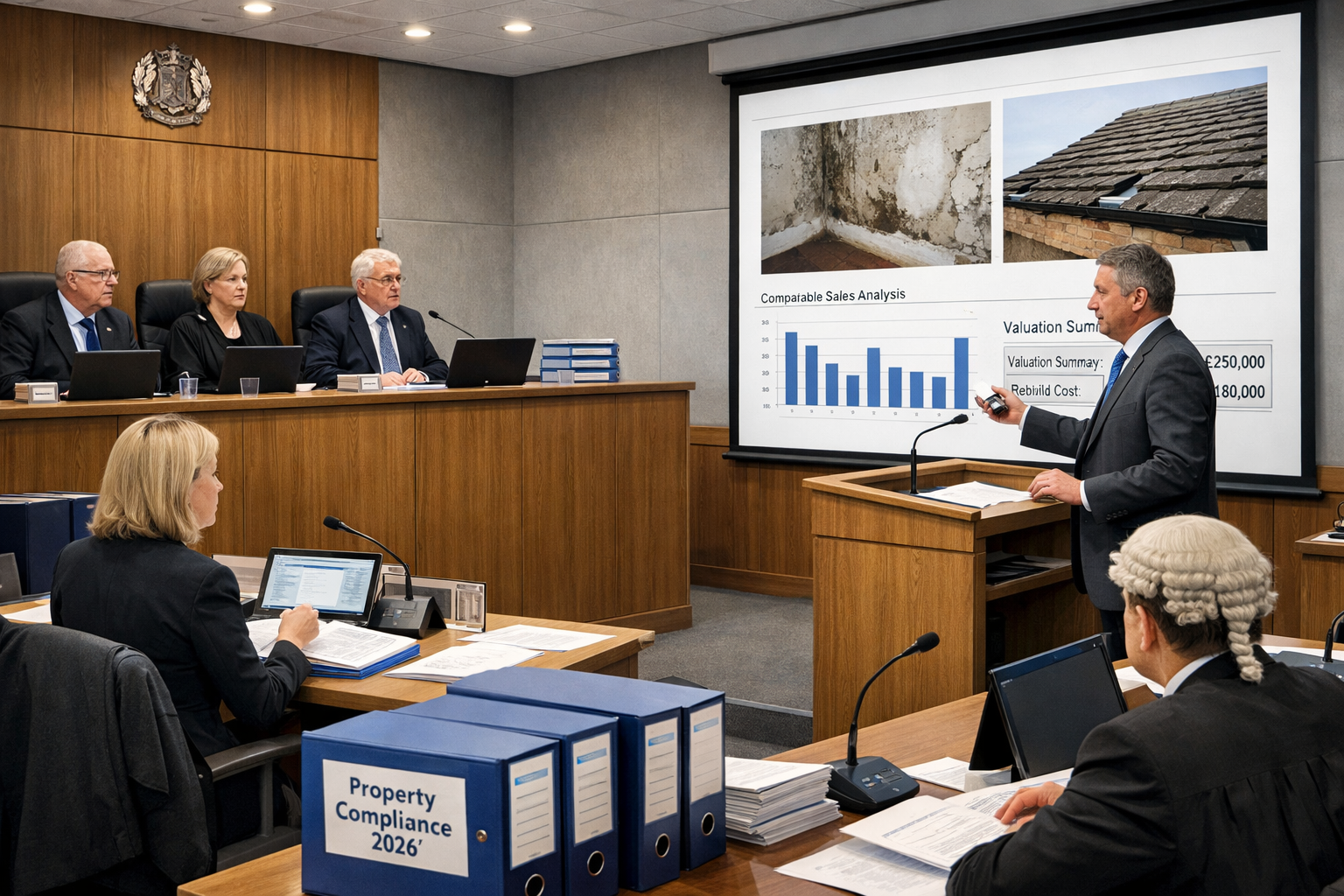 () image depicting First-tier Tribunal Property Chamber hearing room scene with expert surveyor presenting evidence at