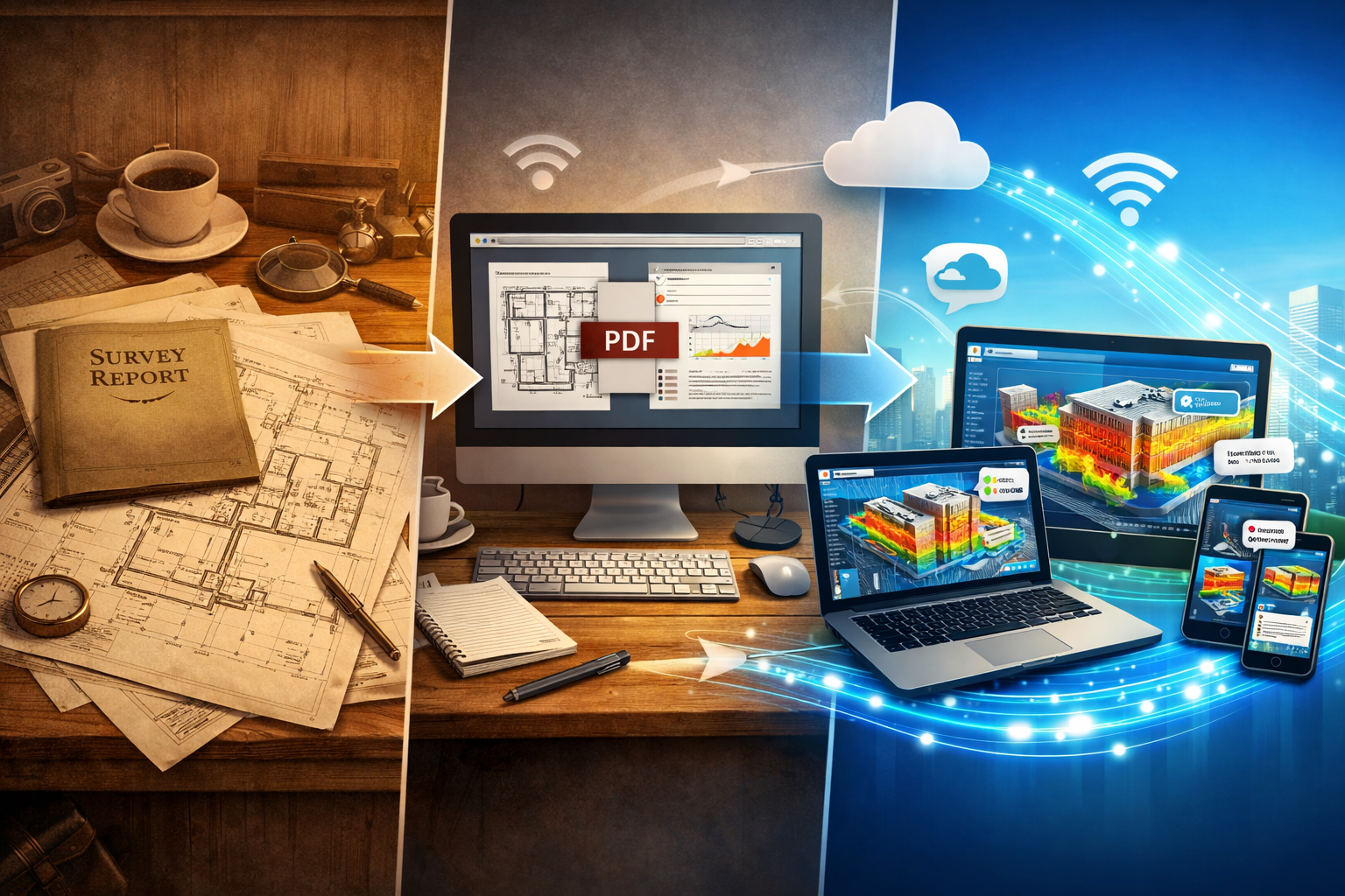 Landscape format (1536x1024) detailed illustration showing evolution timeline from left to right: 1) vintage printed survey report with phys