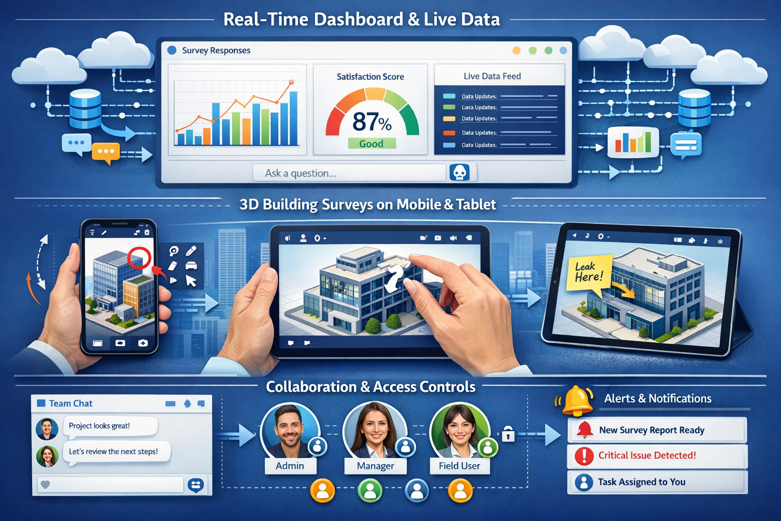 Landscape format (1536x1024) comprehensive infographic showcasing modern cloud-based survey platform features in organized grid layout: top 