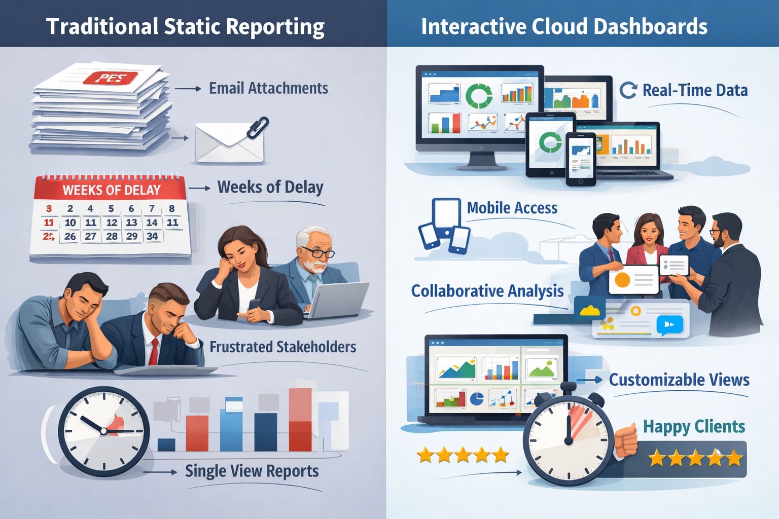 Landscape format (1536x1024) detailed comparison visualization showing side-by-side contrast: left panel labeled 'Traditional Static Reporti