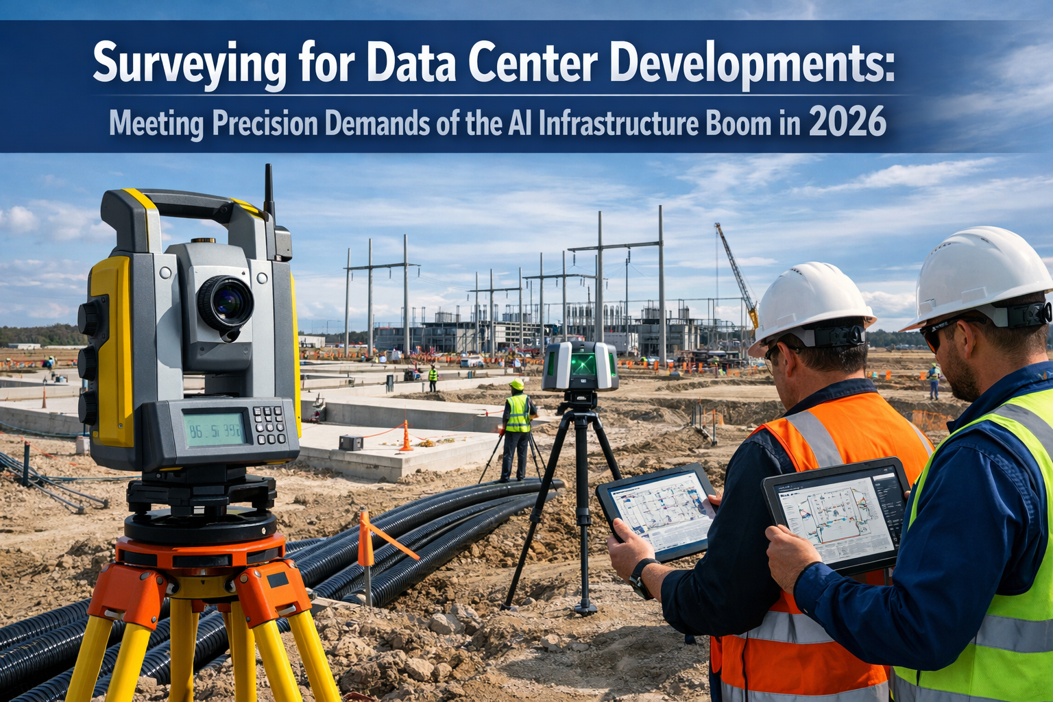 Professional landscape format (1536x1024) hero image featuring bold text overlay 'Surveying for Data Center Developments: Meeting Precision 
